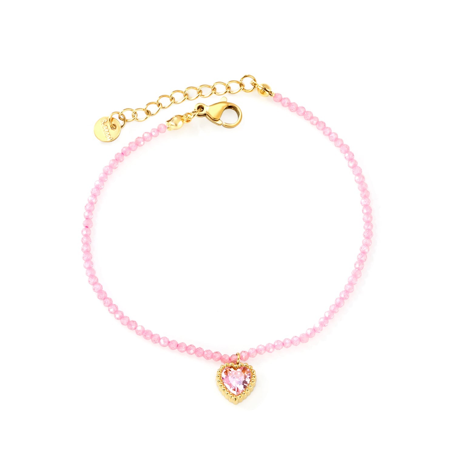 8.5*8.6mm Bead Edge Heart Shape Sticky White/Black/Purple/Red/Pink Zirconia Accessories 2mm White Beads*18+3cm+6mm Round Plaque Bracelet Golden asonjewelry